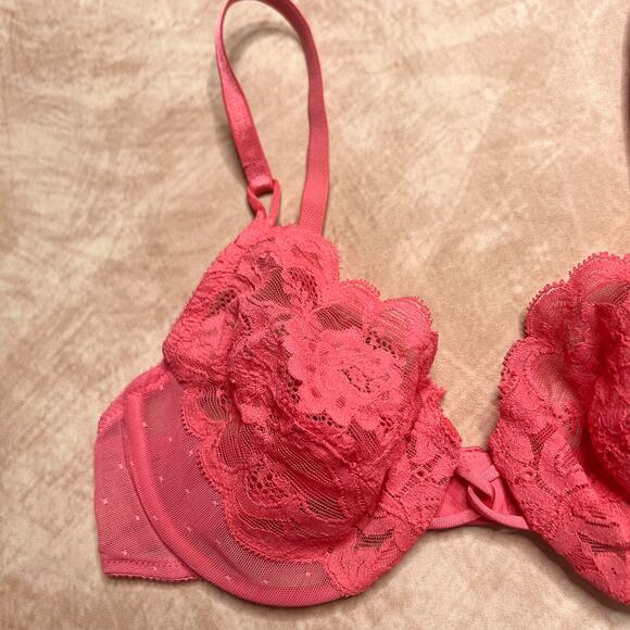Vintage 90s Vanity Fair Floral Lace Bra Pink Mesh Polka Dot Lingerie Romantic - Picture 3 of 9